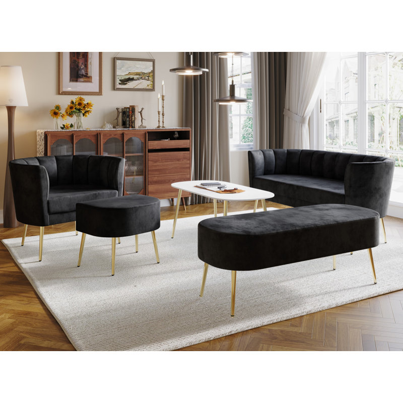 Keighley Upholstered Armchair with Ottoman, Black Velvet