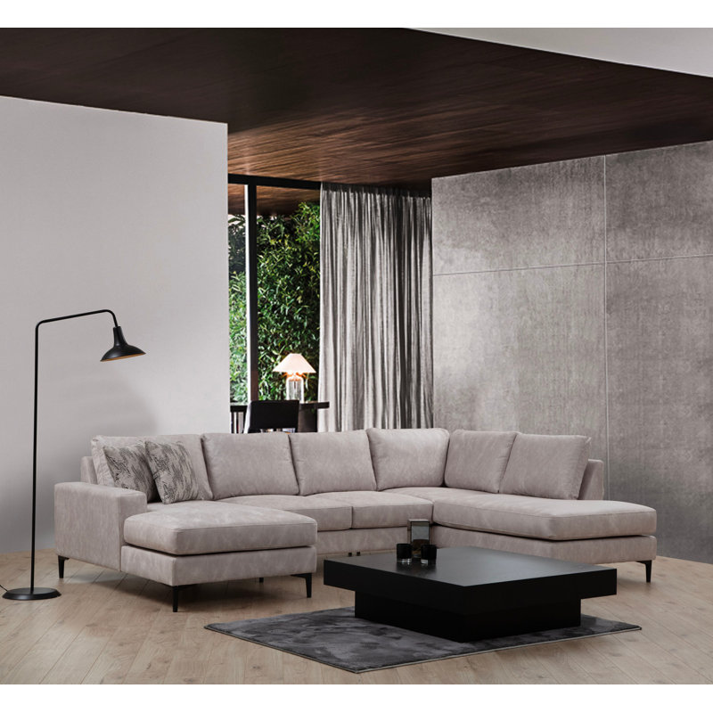 Stylish Corner Sofa, Beige Fabric, 61.0 x 123.6 x 78.7 inches | 100% Polyester Upholstery, Beech Wood & Chipboard Frame | Soft Grey Foam & Silicone Back Cushion | Matt Black Plastic Legs | Dry-Cleanable & Comfortable Design
