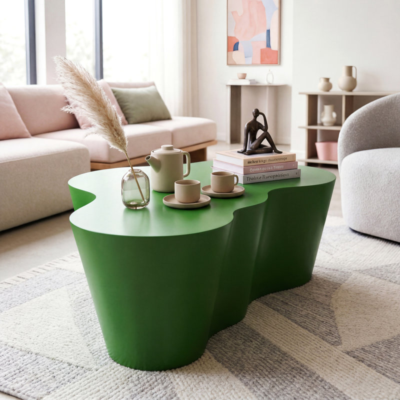 Table basse moderne de 50 po, table de centre irrégulière en fibre de verre, sans assemblage, finition durable, Vert
