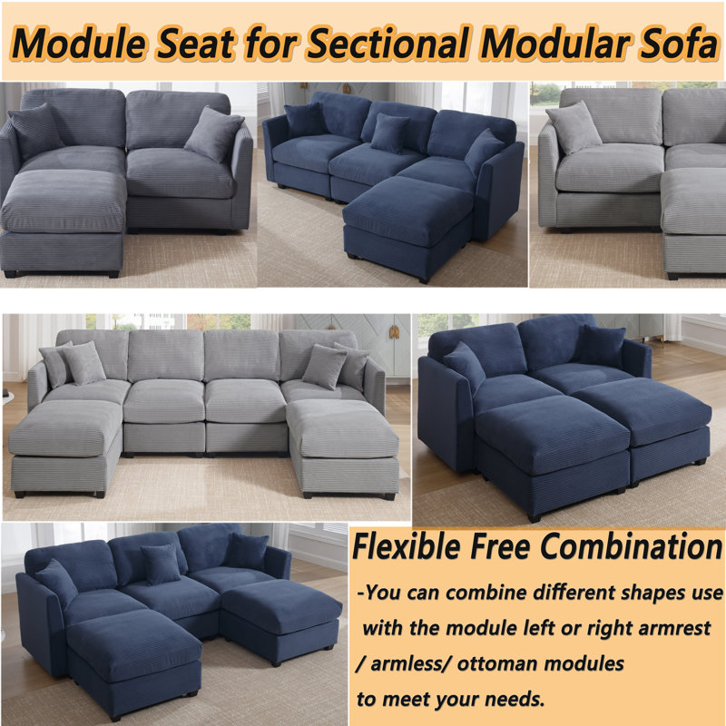 Zayva Corduroy Fabric Ottoman Module Seat For Modular Sofa Sectional Couch, Dark Blue