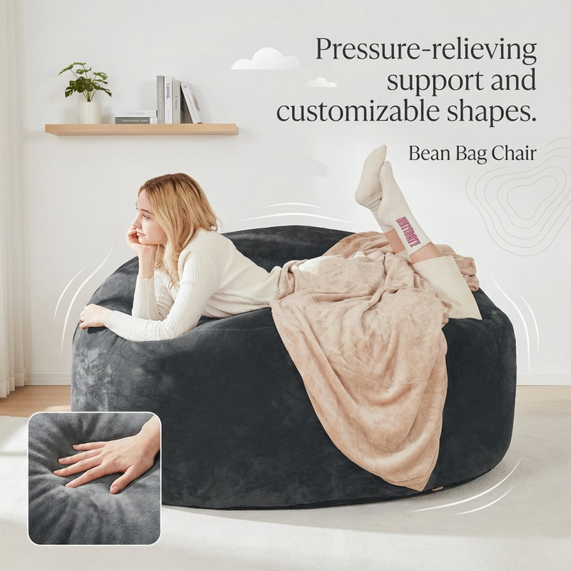 Large 6-Foot Memory Foam Bean Bag Sofa with Removable Flannel Cover Adaptable Lounge Chair and Guest Bed with Pressure-Relieving Support