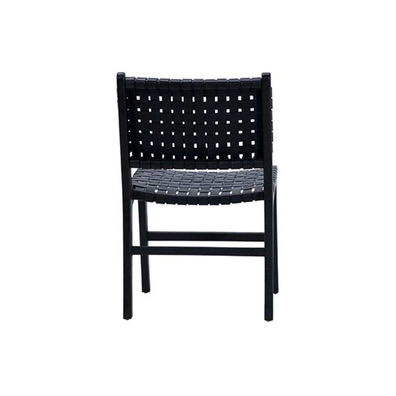 Dale Top Grain Woven Leather with Teak Frame Dining Side Chair, Antique Black Leather, Black Frame
