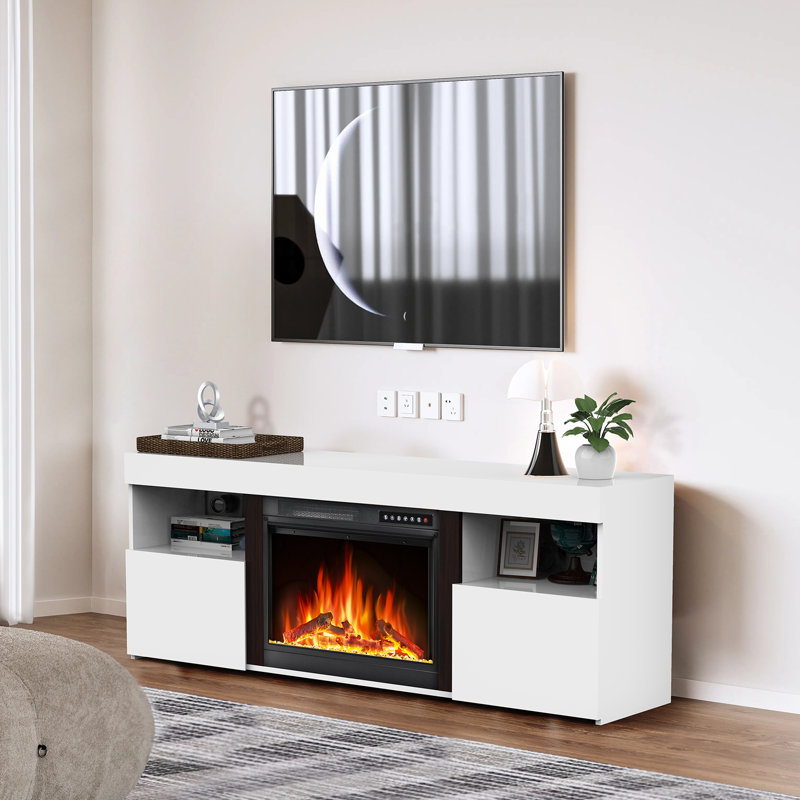 Meuble télé moderne pour téléviseur de 65 po ou moins, foyer électrique, 5 100 BTU, flamme DEL multicolore, télécommande et minuterie