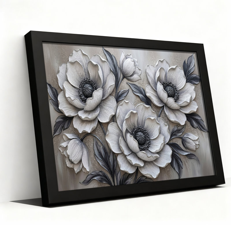 Toile noire encadrée en bois noir pour le salon, la chambre à coucher, le bureau ou le vestibule - décoration murale décorative avec art floral