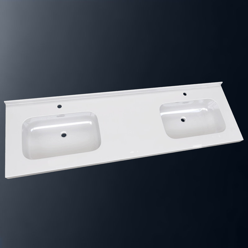 Plateau de meuble-lavabo double 72 po avec double lavabo intégré, comptoir moderne de 2 po d'épaisseur blanc, dosseret arrière de 1,38 po, conception minimaliste lisse, imperméable et facile à installer