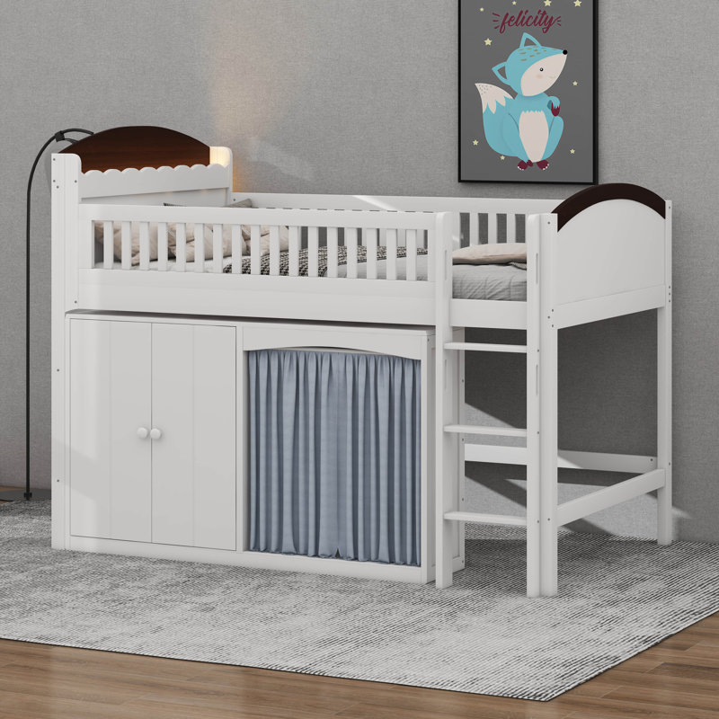 Lit mezzanine avec armoire de rangement, structure de lit mezzanine en bois avec éclairage DEL et garde-robe, Lit simple