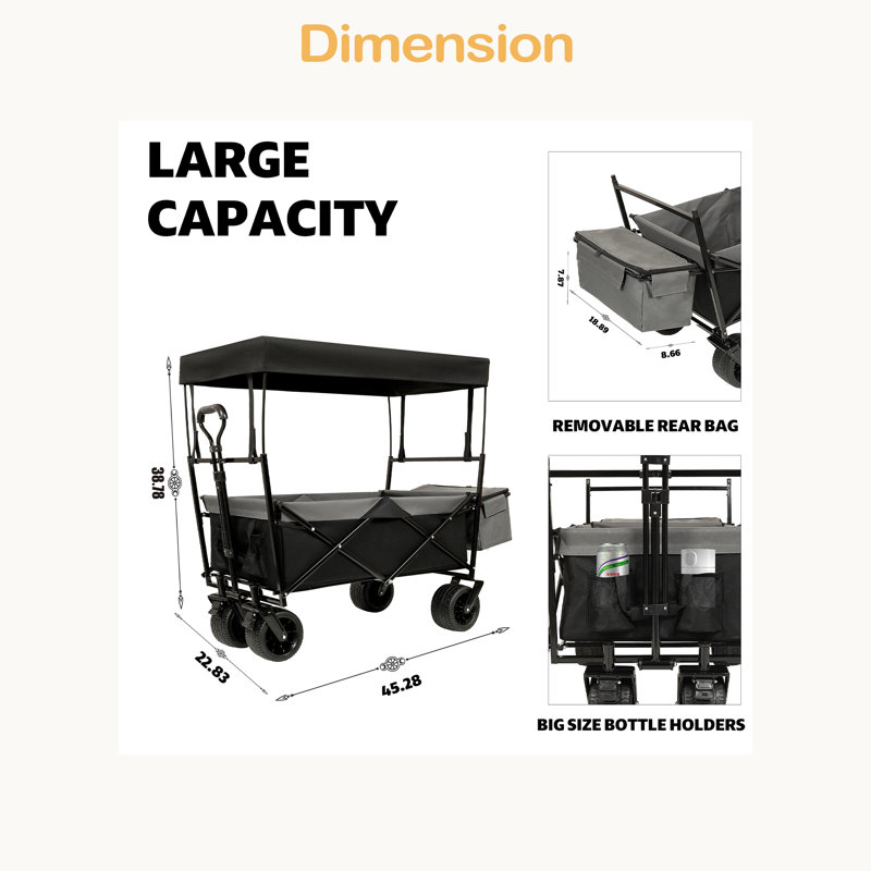 Chariot pliable de 480 lb avec auvent, poussette de chariot avec roues tout-terrain de 7 po, chariot pliable léger, grande capacité de camping