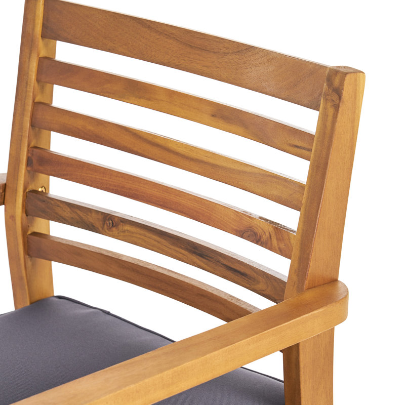 2 chaises de salle à manger - bois, coussins gris avec sangles pour l'extérieur, 2 pièces, courbe élégante et bord droit, coussin de patio