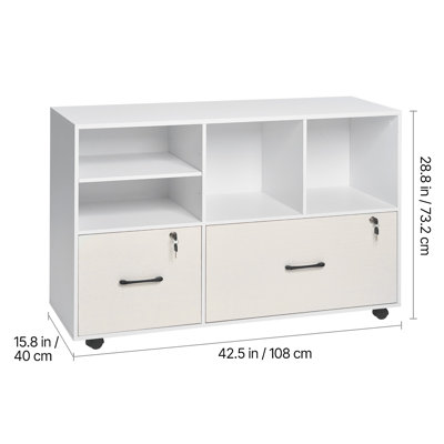 Classeur à 2 tiroirs en bois, classeur mobile avec tablettes ouvertes, rangement à dossiers latéral verrouillable avec tablettes réglables, support pour imprimante autoportant pour école de bureau à domicile, blanc