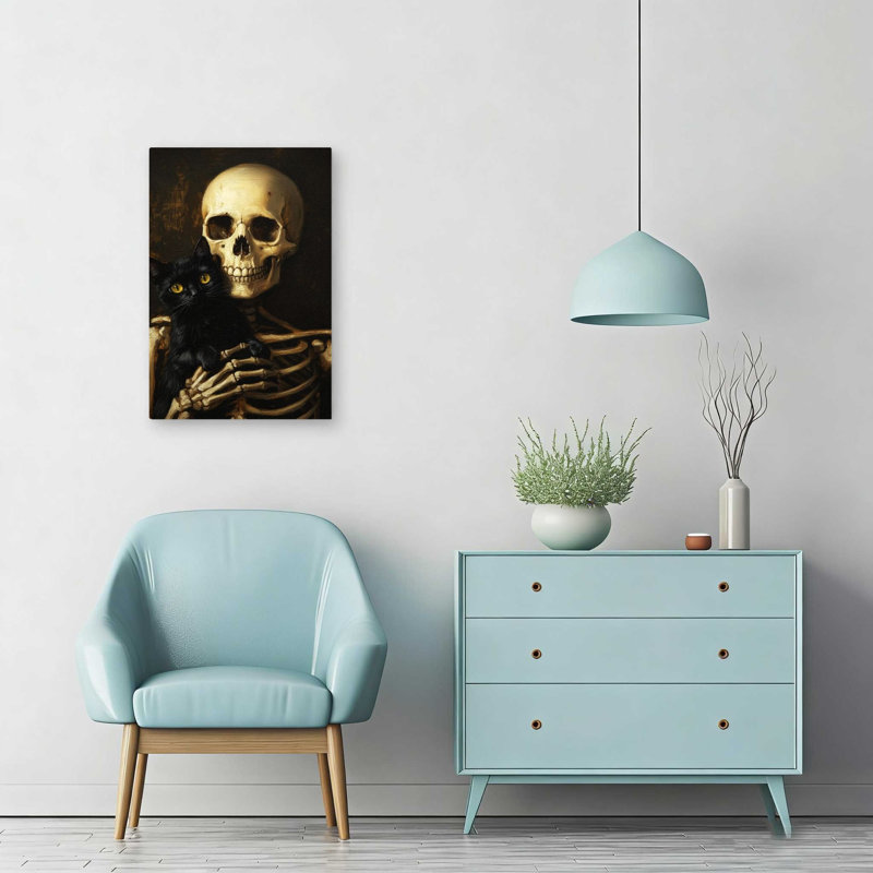Crâne et chat noir, toile d'Halloween rustique sur toile tendue 18 po x 12 po
