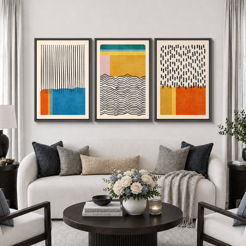 «Abstract Vibrant Color Blocks», œuvre d'art moderne de style Mid-Century, images murales multicolores géométriques, ensemble de 3 impressions sur toile encadrées