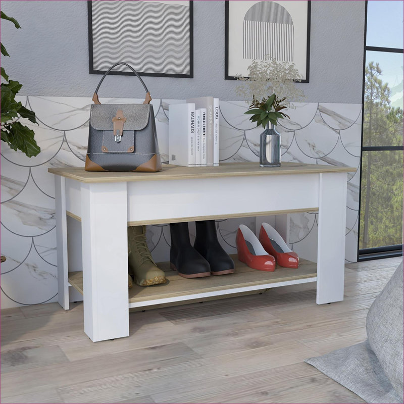 Banc de rangement extensible FlowLuxe Austin, chêne clair et blanc cassé, tablette de rangement inférieure pour vestibule