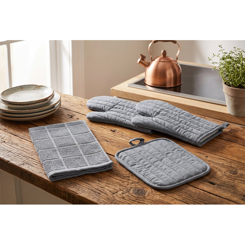 Ensemble de cuisine 4 pièces en coton comprenant 2 maniques, 1 gant de cuisine et 1 torchon éponge - Linge de maison matelassé résistant à la chaleur, gris uni