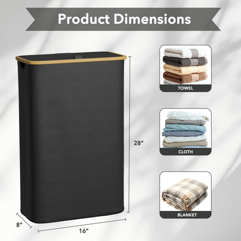 Slim Collapsible Laundry Hamper with Lid, 65L Narrow Clothes Basket with Bamboo Handles, for Bedroom, Bathroom, Dorm & Laundry Room