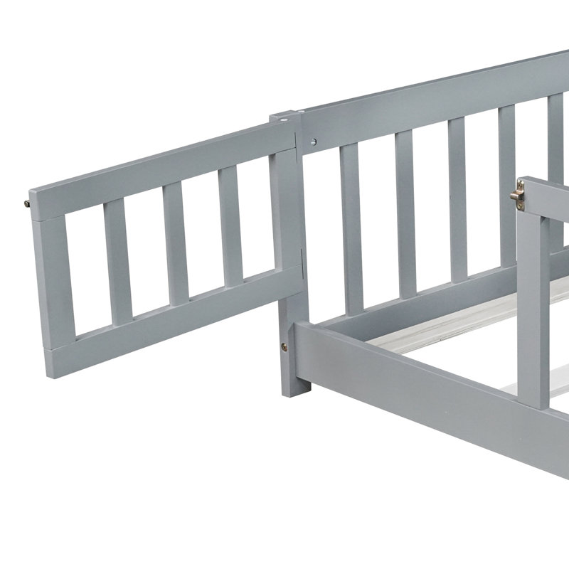Lit de plancher avec clôture et porte, lit de plancher en bois d'hévéa avec garde-corps de sécurité, Gris