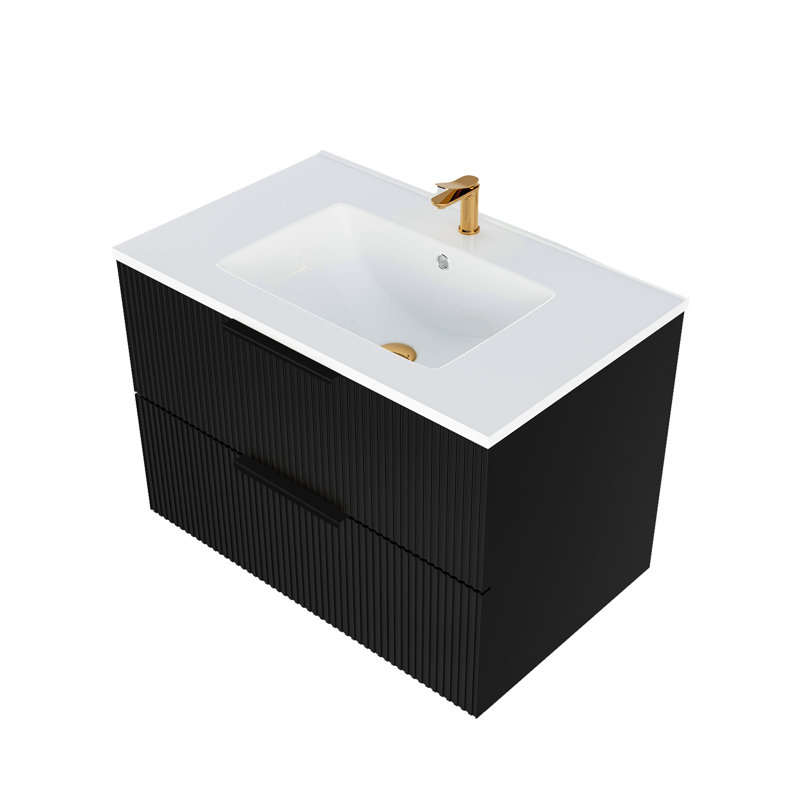 Meuble-lavabo mural flottant noir moderne de 30 pouces avec lavabo et tiroirs en céramique, premier tiroir en forme de U, grand espace de rangement, assemblage sans effort, conception chic, grande solution