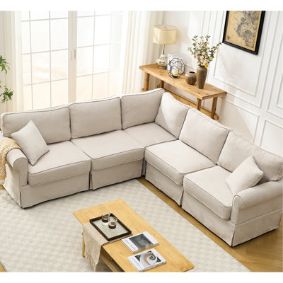 L Shaped Comfy , 5 Seat Sectional Couch, Beige Upholstery With Soft Linen Fabric And High Sponge Modular Sectional, Upholstered Foam Fill Stable Frame