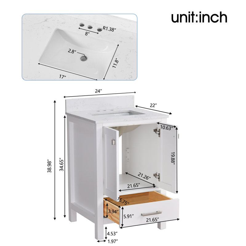 24-inch Bathroom Vanity With Engineered Stone Top, White
