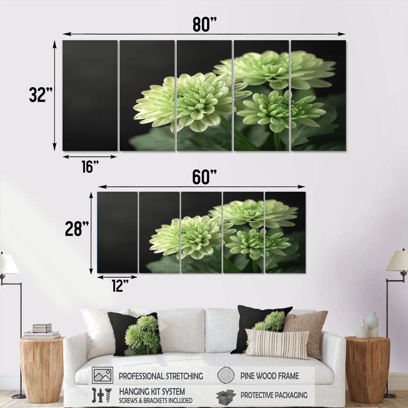 «Green Monochrom Mums Flowers Bouquet II», ensemble d'art sur toile, H 32 po x l 80 po