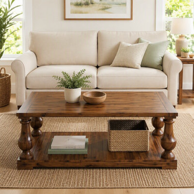 Farmhouse Coffee Table with Storage Shelf, Solid Wood Turned Legs, 2-Tier Rustic Wood Center Table for Living Room
