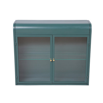 Armoire de rangement murale en métal à 2 portes avec portes et tablettes en verre trempé vert armée