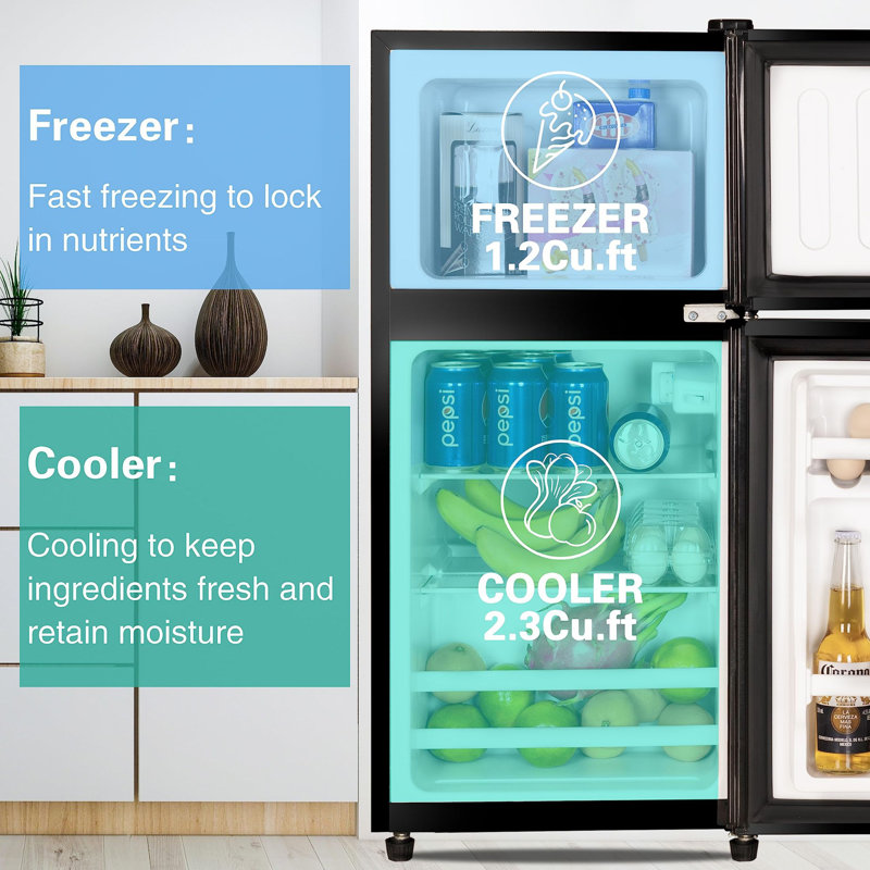 3.5 Cu.Ft Mini Fridge with Freezer, 2-Door Compact Refrigerator with 7-Level Thermostat & Removable Shelves for Home/Office/Dorm - Black