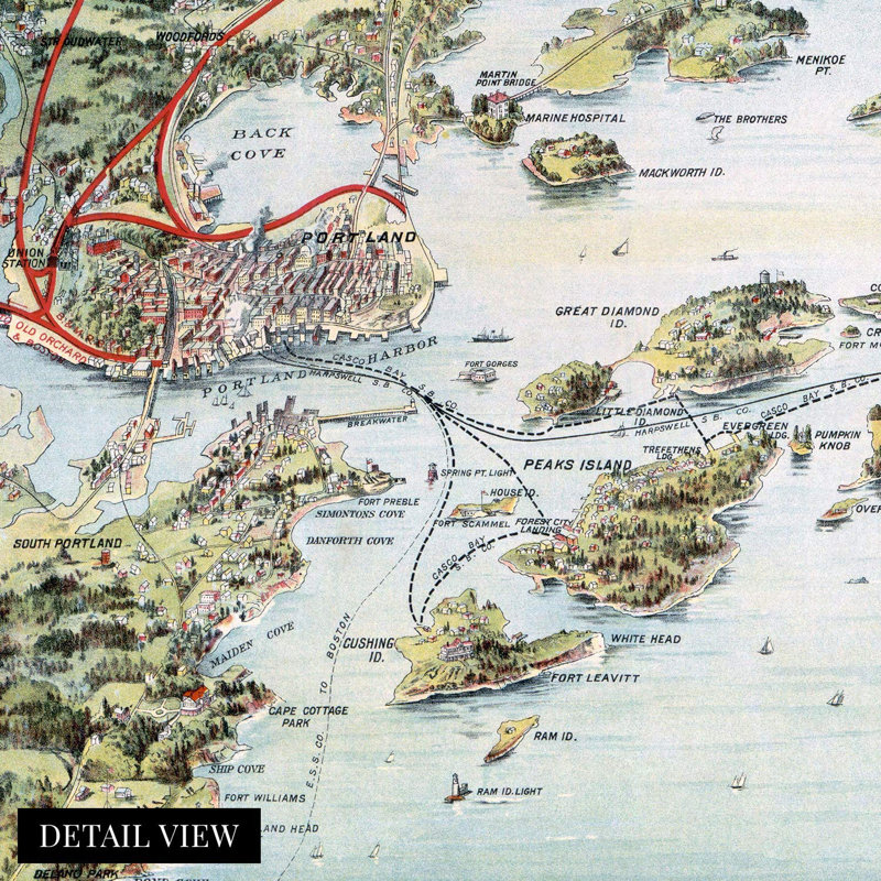 1906 Casco Bay Portland Maine & Environs carte affiche, art mural, H 24 po x l 36 po x P 0,1 po