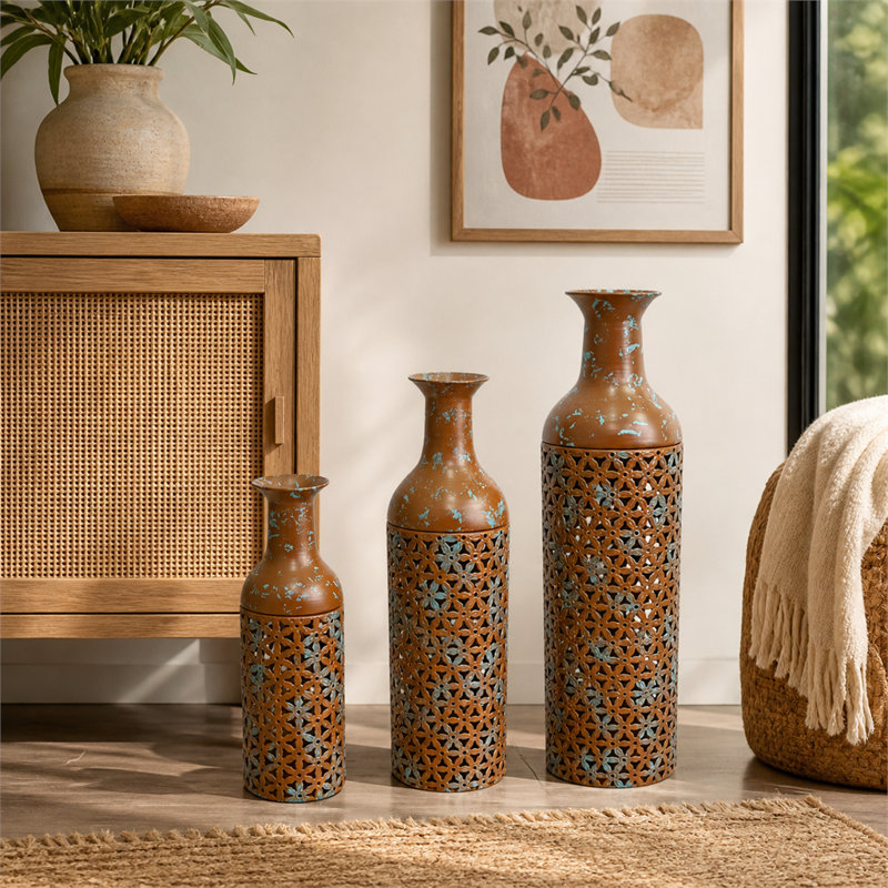 Ensemble de 3 vases de sol en métal avec motif de feuilles, brun rustique