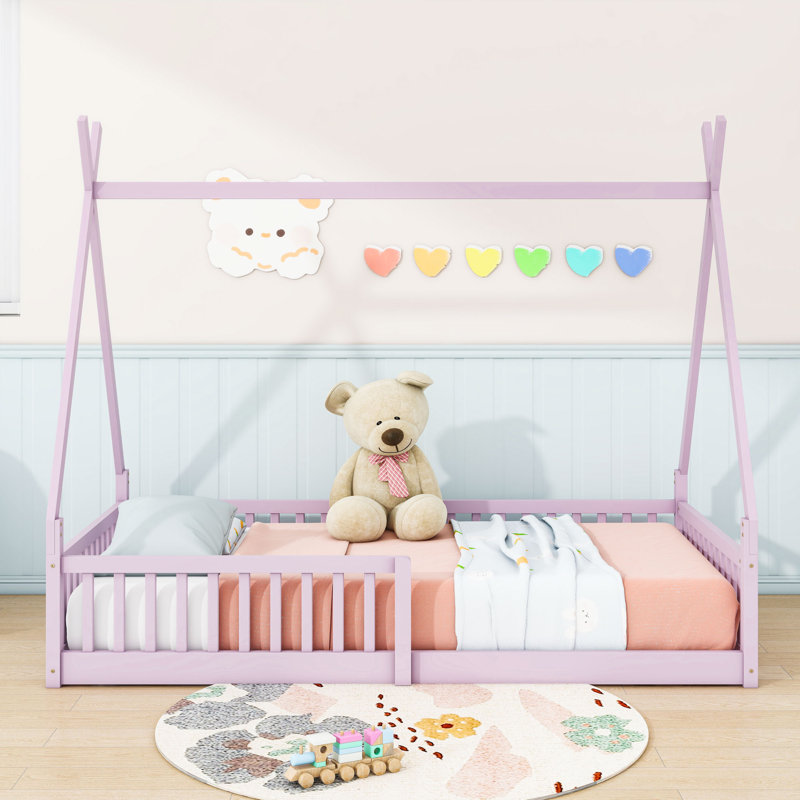 Twin Wooden House-Shaped Bed With Slats And Guardrail, Pink