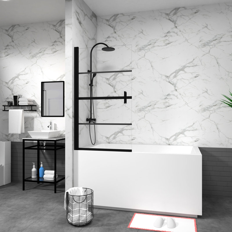180° Pivot Bathtub Door, 55"x31.5", Black Tempered Glass, Noise-reduction Feature 55"x31.5" Shower Black, Glass Panel For Bathroom