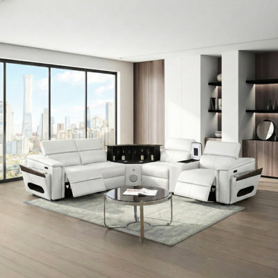 Canapé modulaire blanc moderne, 4 sièges, revêtement en similicuir, 2 appuis-tête à réglage électrique, 2 réglages manuels, coussin de recharge sans fil, charge, haut-parleur, barre à DEL, rangement, console de congélateur en option avec accoudoirs ou