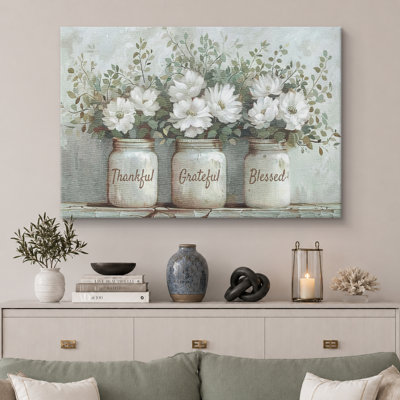 Thankful Grateful Blessed Inspirational Green Floral Rustic Mason Jar Large Canvas Print Wall Art