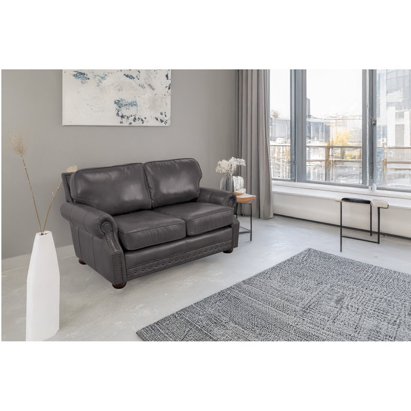 Speroni 74" Genuine Leather Rolled Arm Loveseat, Berkshire Charcoal Genuine Leather