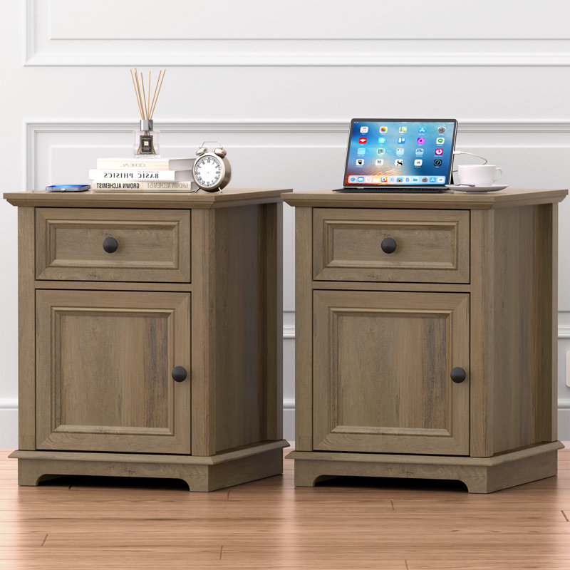 Azella 1-Drawer Frame End Table Set with Storage and Built-In Outlets, Light Brown
