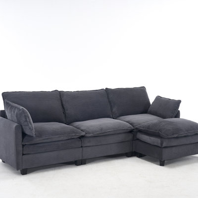 Velvet Modular L-Shaped Sectional Sofa 3-Seat Couch with Ottoman, 2 Lumbar Pillows & Deep Seats