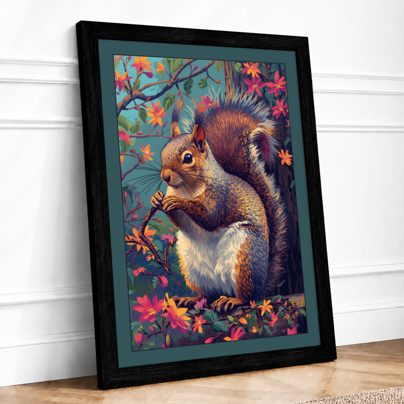 Squirrel Among Flowers Boho - Framed Print, Black, A3 - 42.0 x 29.7 cm