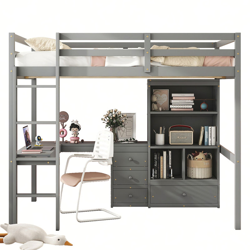 Loft Wood Bed with Desk, Storage shelves and Drawers, Built-in Ladder, High Loft Bed with Desk, Storage Shelves and Drawers,Guardrails