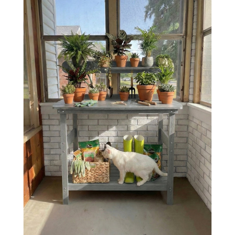 Table de rempotage d'extérieur HIPS, poste de travail de jardin à 3 niveaux avec 4 crochets, table de jardinage tout temps pour cour arrière et terrasse.