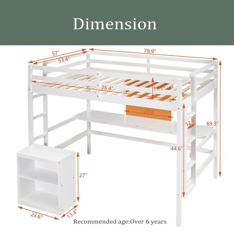 Lit mezzanine double avec bureau intégré Gleich, Blanc