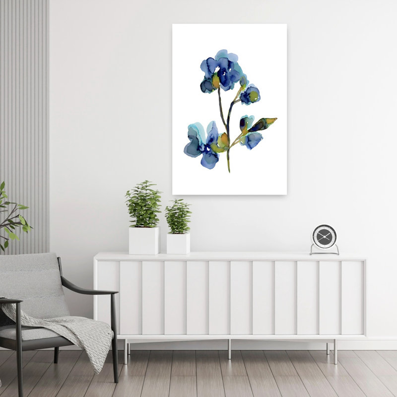 Art floral abstrait bleu délicat contemporain, 36" H x 24" W
