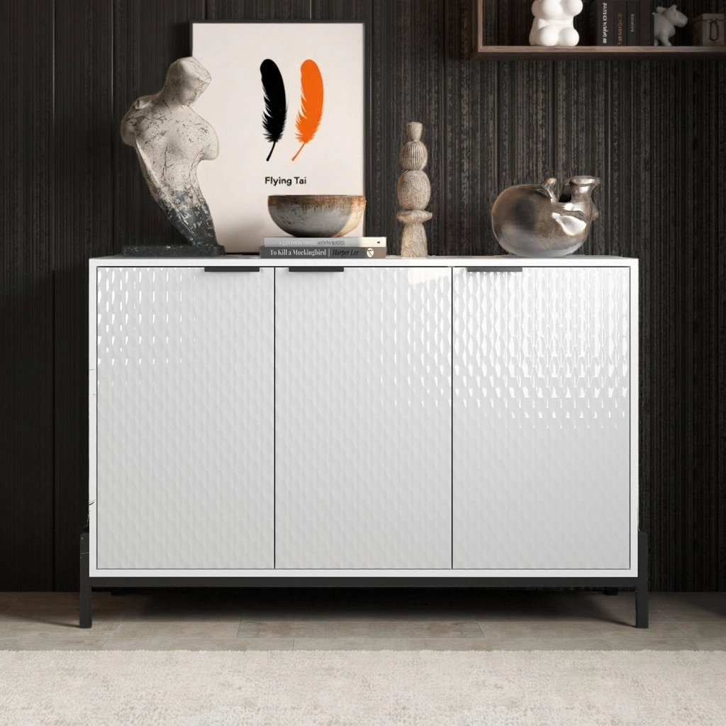 Ivy Bronx Modern High Gloss 3-Door Cabinet - Buffet Sideboard with ...
