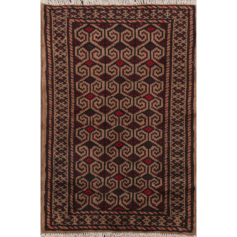 Tapis rouge / brun en laine noué à la main de conception unique 2 pi 7 po x 3 pi 10 po New Age