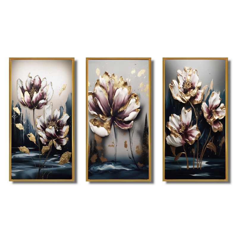 Tapisserie mauve mauve - ensemble de 3 tulipes florales, Cadre flottant doré, H 40 po x l 60 po