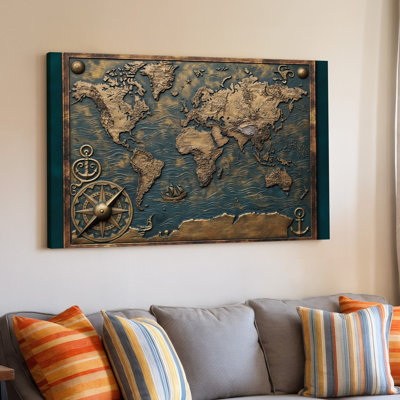 Toile une carte détaillée du relief texturé du monde avec un art mural fini bronze vieilli riche avec des gravures complexes qui mettent en valeur l'art mural sur toile