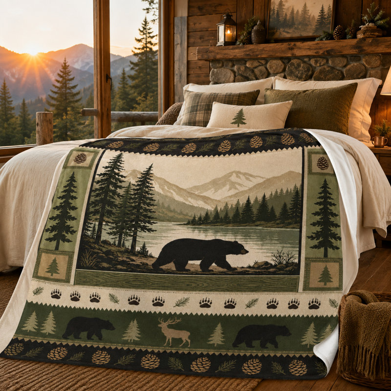Plaid en flanelle à motif d'ours avec bordure de pommes de pin et de forêt, motif de lac et de montagne, idéal pour canapé, lit, chalet ou chambre d'appoint, 76 x 102 cm