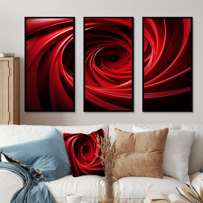 «Red and Black Abstract Spiral Dreamscape» - Art mural spirales abstraites, Cadre flottant noir, H 28 po x l 36 po x P 1 po