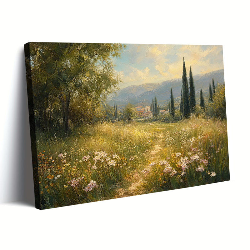 Tableau sur toile tendue sur châssis représentant un village de montagne et de fleurs sauvages dans la campagne toscane vintage.