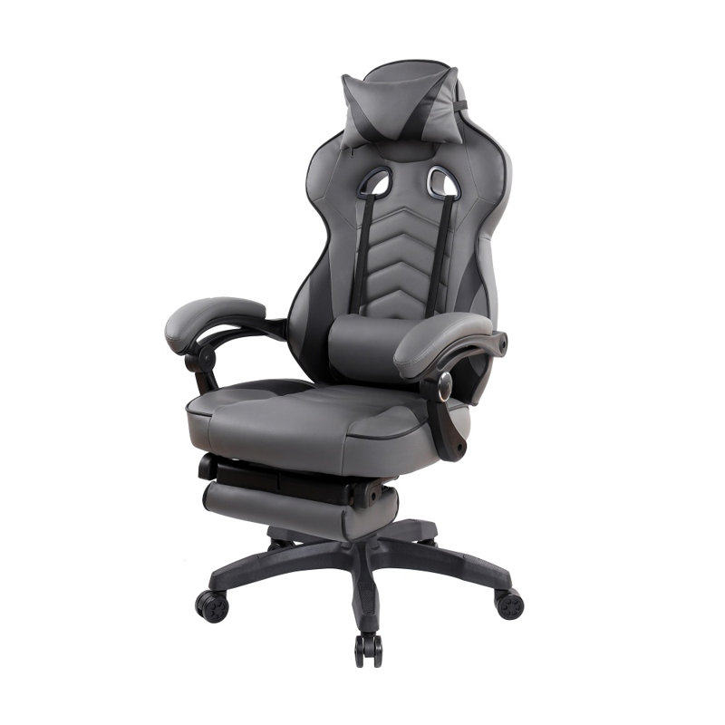 Chaise ergonomique noire et grise de style course avec dossier et repose-pieds inclinables