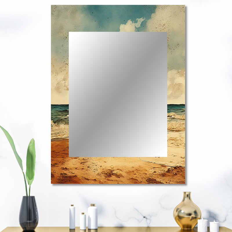 Vintage Beach Side Scenery II - miroir mural plage sable, miroir décoratif beige, impression d'art en métal, 40 po x 30 po