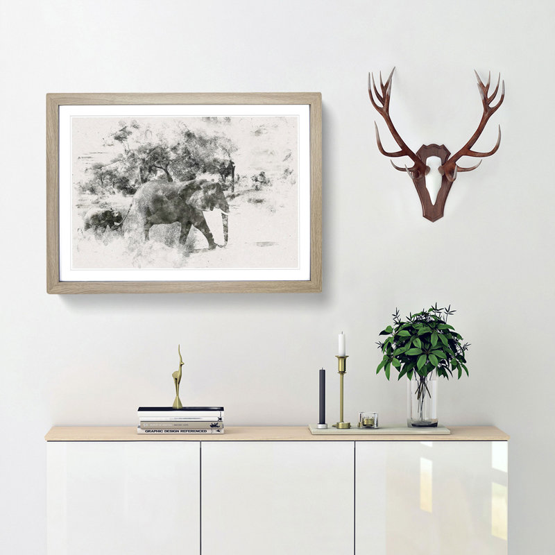 Mother & Baby Elephant Strolling - Framed Print, 27cm H x 36cm W x 2cm D, Oak Framed